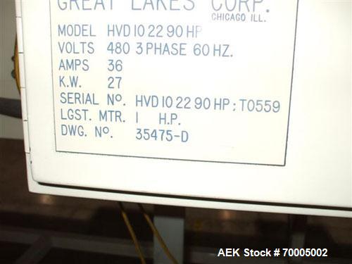 Used Great Lakes HVD102290HP Dual Chamber Shrink Tunnel. Chamber dimensions: 10" high x 22" wide x 90" long with 20" wide belt conveyor. Has variable temperature controls from 0 to 500 deg F. 3/60/48...
