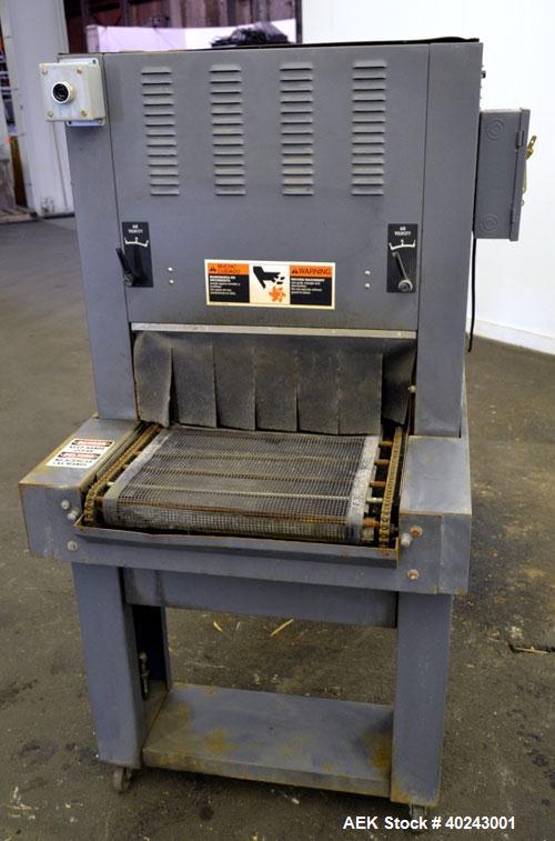 Used Heatseal Turbo Shrink Tunnel, Model T4822/8-LDR, Carbon Steel. 48" Long shrink area. Infeed/discharge opening 22" wide x 8" high. 18" wide x 70" long Teflon mesh conveyor, driven by a 1/8 hp, 13...