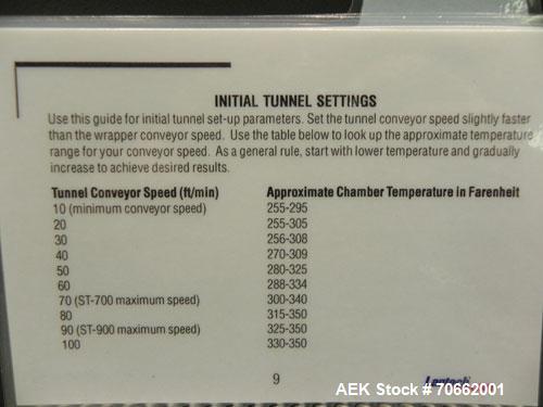 Used Lantech Model ST-900 Shrink Tunnel. Capable of speeds up to 90 feet per minute dependent on package configuaration and film. Has four zones. Chamber dimensions: 63"L x 22"W x 10"H. Has an approx...