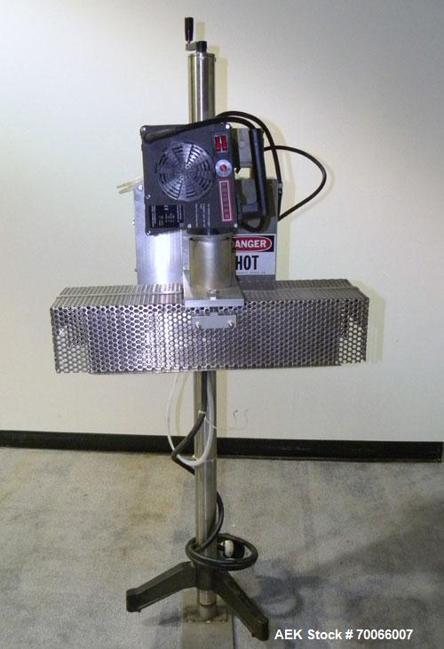 Used Kalish Neck Bander Shrink Tunnel, 4’’ wide x 18’’ long. Includes a Leister hot air blower, model Hotwind S. Maximum air outlet temperature 650 deg C. The Leister is a compact heat gun for proces...