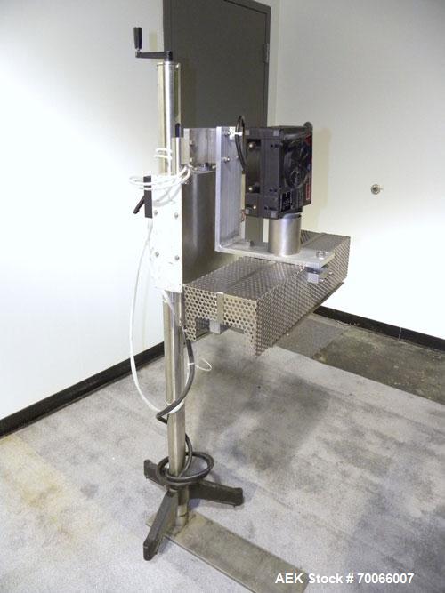 Used Kalish Neck Bander Shrink Tunnel, 4’’ wide x 18’’ long. Includes a Leister hot air blower, model Hotwind S. Maximum air outlet temperature 650 deg C. The Leister is a compact heat gun for proces...
