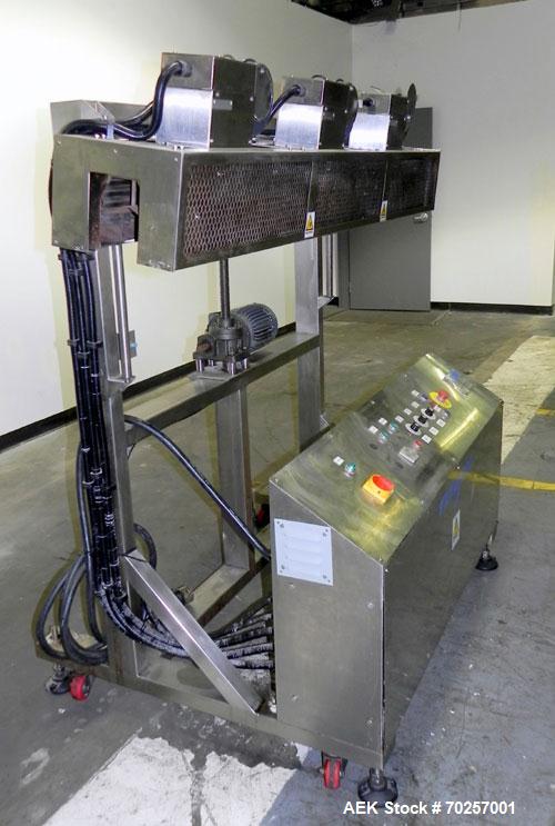 Used NAFM Heat Shrink Tunnel, Model GS-100T, Stainless Steel. Approximate 5’’ wide x 68’’ long heat section, (3) top mounted blowers. 1/2hp Gear motor raise and lower. Mounted on a stainless steel fr...