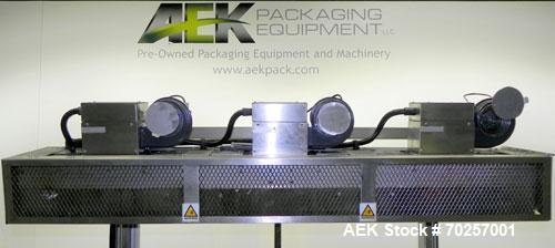 Used NAFM Heat Shrink Tunnel, Model GS-100T, Stainless Steel. Approximate 5’’ wide x 68’’ long heat section, (3) top mounted blowers. 1/2hp Gear motor raise and lower. Mounted on a stainless steel fr...