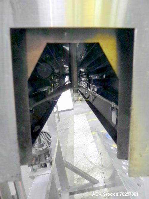 Used NAFM Heat Shrink Tunnel, Model GS-100T, Stainless Steel. Approximate 5’’ wide x 68’’ long heat section, (3) top mounted blowers. 1/2hp Gear motor raise and lower. Mounted on a stainless steel fr...