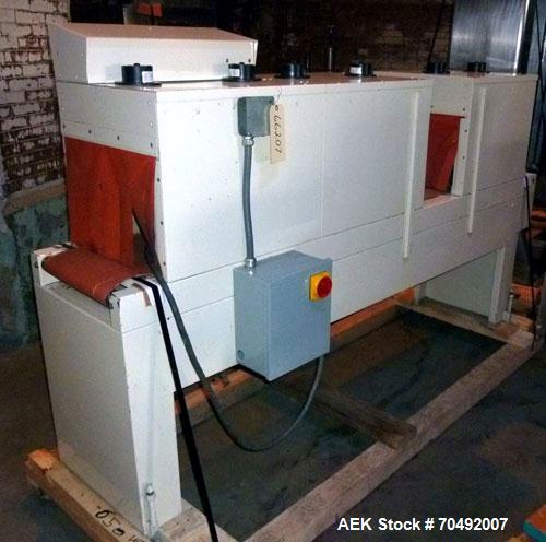 Used Pack-All Heat Tunnel, Carbon Steel. Approximately 4’ long tunnel with 15’’ high x 13’’ opening. 2’ Long cooling tunnel section, 8’ X 14’’ wide rubber belt conveyor. Mounted on (4) leveling feet.
