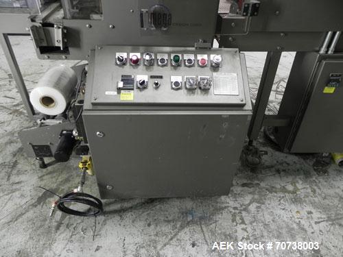 Used Omega Model SL18 Shrink Bundling System with Integrated Shrink Tunnel. Capable of up to 15-20 cycles per minute. Right angle product infeed for 4-1/2”W table top chain, infeed conveyor not inclu...