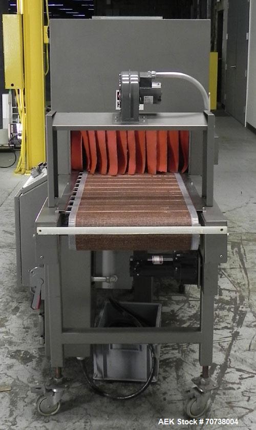 Used Omega Model SL18 Shrink Bundling System with Integrated Shrink Tunnel. Capable of up to 15-20 cycles per minute. Right angle product infeed for 4-1/2”W table top chain, infeed conveyor not inclu...