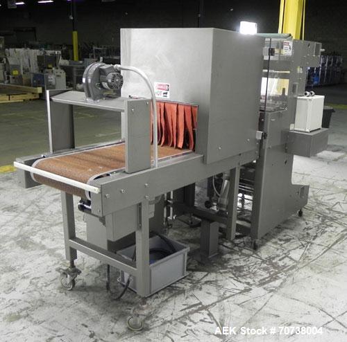 Used Omega Model SL18 Shrink Bundling System with Integrated Shrink Tunnel. Capable of up to 15-20 cycles per minute. Right angle product infeed for 4-1/2”W table top chain, infeed conveyor not inclu...