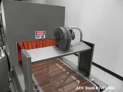 Used Omega Model SL18 Shrink Bundling System with Integrated Shrink Tunnel. Capable of up to 15-20 cycles per minute. Right angle product infeed for 4-1/2”W table top chain, infeed conveyor not inclu...