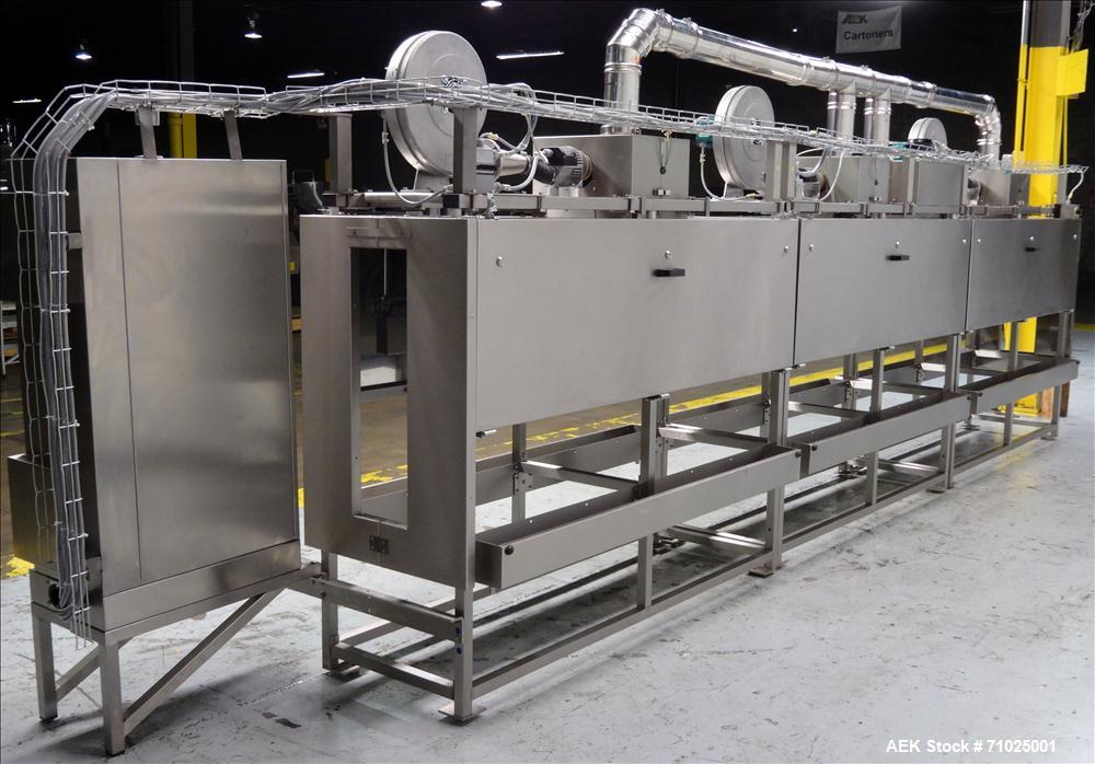 Used Sacmi Sleeve Labeling Electric Heat Tunnel. Has 3 zones, each zone has 72" long x 4.75" tall heater bars, and in/out feed opening of 9.5" wide x 33" tall. Equipped with (3) Leister electric heat...