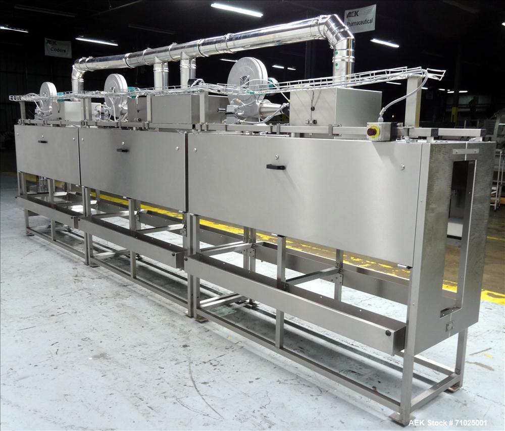 Used Sacmi Sleeve Labeling Electric Heat Tunnel. Has 3 zones, each zone has 72" long x 4.75" tall heater bars, and in/out feed opening of 9.5" wide x 33" tall. Equipped with (3) Leister electric heat...