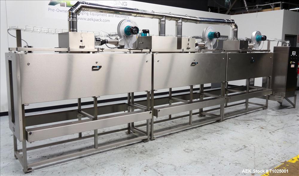 Used Sacmi Sleeve Labeling Electric Heat Tunnel. Has 3 zones, each zone has 72" long x 4.75" tall heater bars, and in/out feed opening of 9.5" wide x 33" tall. Equipped with (3) Leister electric heat...