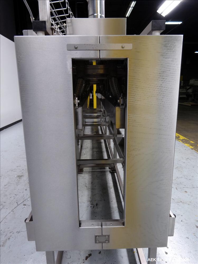 Used Sacmi Sleeve Labeling Electric Heat Tunnel. Has 3 zones, each zone has 72" long x 4.75" tall heater bars, and in/out feed opening of 9.5" wide x 33" tall. Equipped with (3) Leister electric heat...