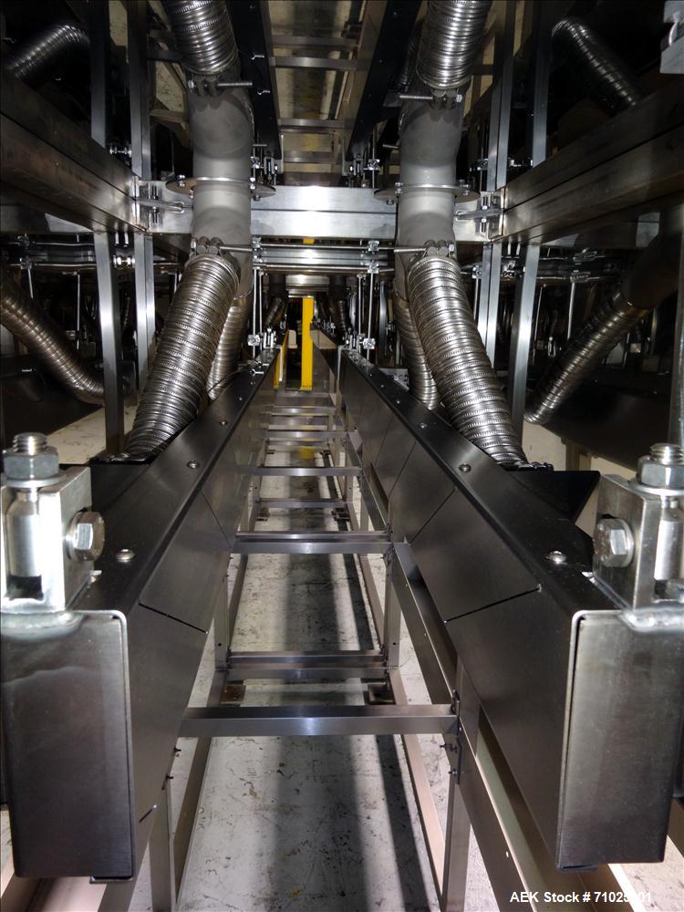 Used Sacmi Sleeve Labeling Electric Heat Tunnel. Has 3 zones, each zone has 72" long x 4.75" tall heater bars, and in/out feed opening of 9.5" wide x 33" tall. Equipped with (3) Leister electric heat...