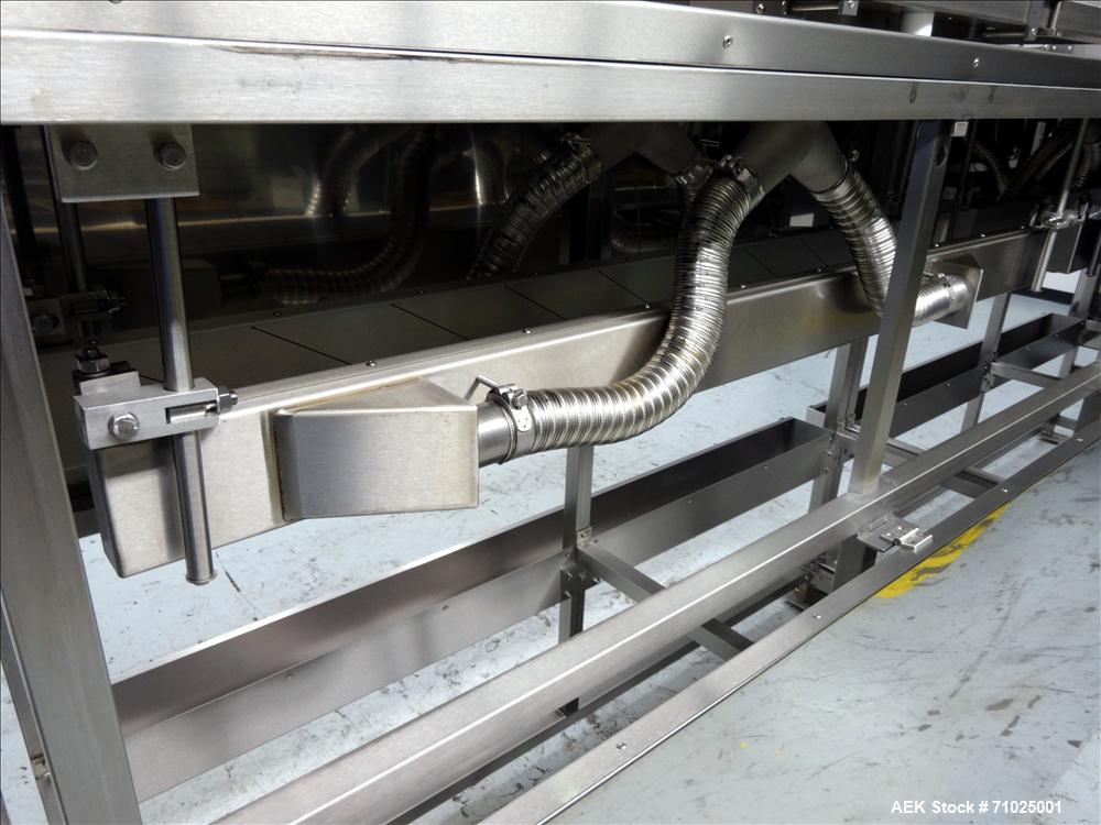 Used Sacmi Sleeve Labeling Electric Heat Tunnel. Has 3 zones, each zone has 72" long x 4.75" tall heater bars, and in/out feed opening of 9.5" wide x 33" tall. Equipped with (3) Leister electric heat...
