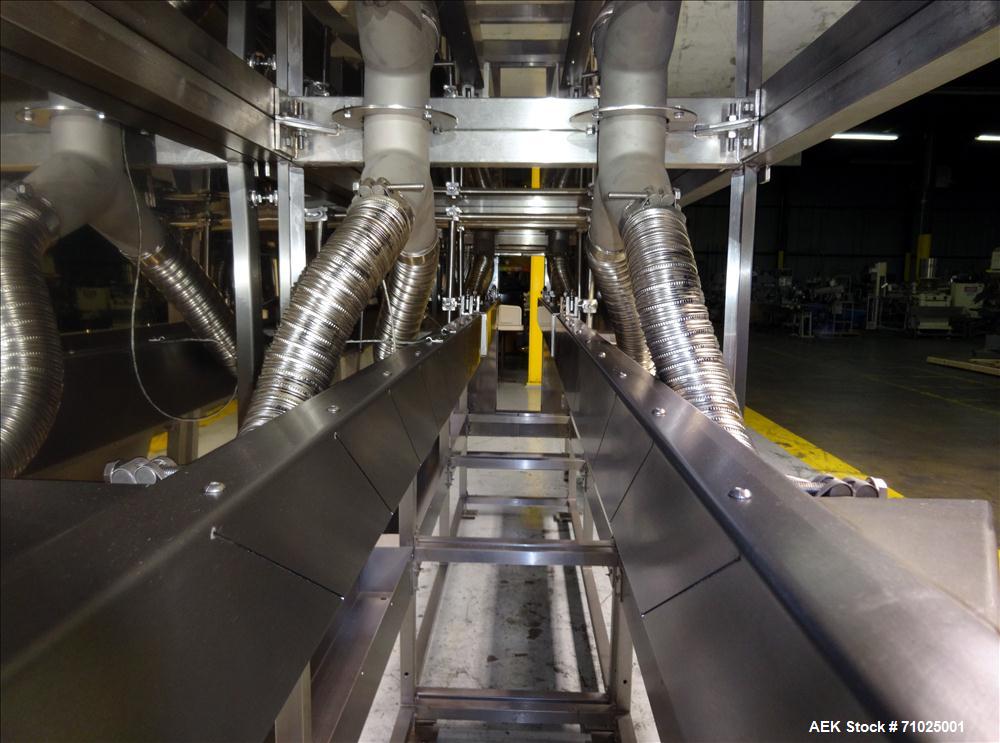 Used Sacmi Sleeve Labeling Electric Heat Tunnel. Has 3 zones, each zone has 72" long x 4.75" tall heater bars, and in/out feed opening of 9.5" wide x 33" tall. Equipped with (3) Leister electric heat...