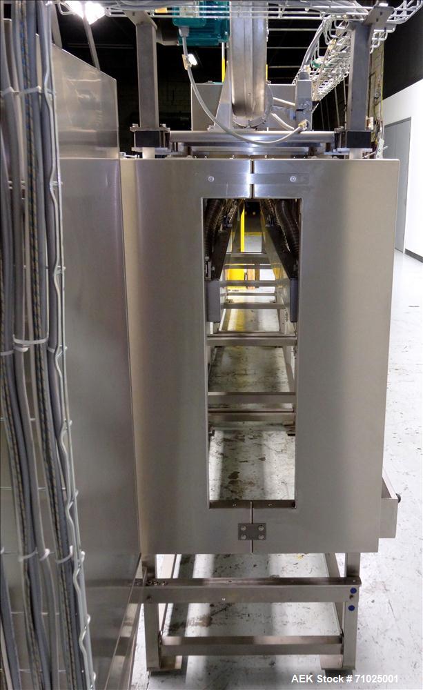 Used Sacmi Sleeve Labeling Electric Heat Tunnel. Has 3 zones, each zone has 72" long x 4.75" tall heater bars, and in/out feed opening of 9.5" wide x 33" tall. Equipped with (3) Leister electric heat...