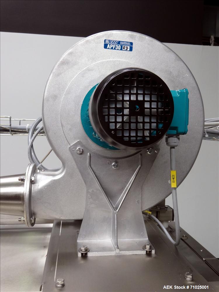 Used Sacmi Sleeve Labeling Electric Heat Tunnel. Has 3 zones, each zone has 72" long x 4.75" tall heater bars, and in/out feed opening of 9.5" wide x 33" tall. Equipped with (3) Leister electric heat...