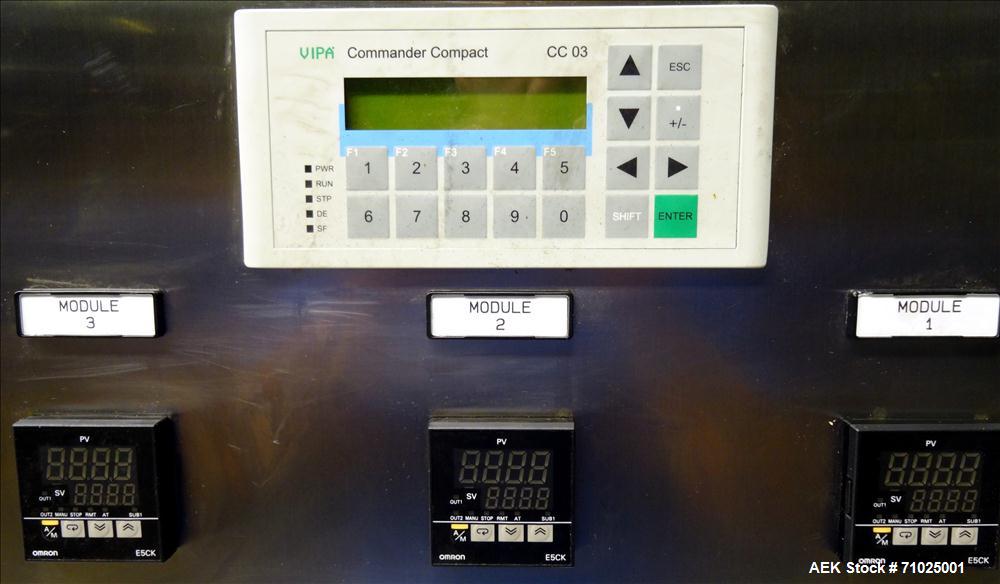 Used Sacmi Sleeve Labeling Electric Heat Tunnel. Has 3 zones, each zone has 72" long x 4.75" tall heater bars, and in/out feed opening of 9.5" wide x 33" tall. Equipped with (3) Leister electric heat...