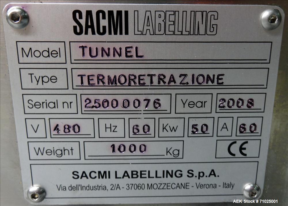 Used Sacmi Sleeve Labeling Electric Heat Tunnel. Has 3 zones, each zone has 72" long x 4.75" tall heater bars, and in/out feed opening of 9.5" wide x 33" tall. Equipped with (3) Leister electric heat...