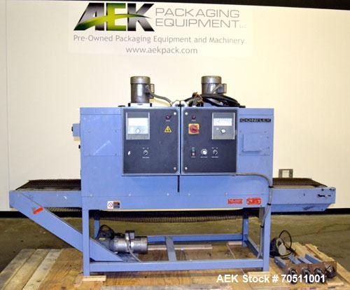 Used Shanklin Dual Zone Shrink Tunnel, Model CT62, Carbon Steel. Tunnel passage 10" high x 18" wide x 61" long. 14" Wide x 100" long wire mesh conveyor, speeds variable from 25 to 150 feet a minute, ...