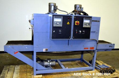 Used Shanklin Dual Zone Shrink Tunnel, Model CT62, Carbon Steel. Tunnel passage 10" high x 18" wide x 61" long. 14" Wide x 100" long wire mesh conveyor, speeds variable from 25 to 150 feet a minute, ...