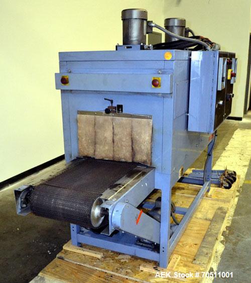 Used Shanklin Dual Zone Shrink Tunnel, Model CT62, Carbon Steel. Tunnel passage 10" high x 18" wide x 61" long. 14" Wide x 100" long wire mesh conveyor, speeds variable from 25 to 150 feet a minute, ...