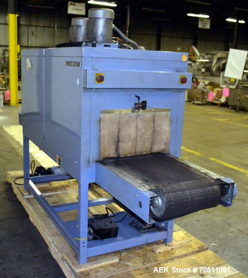 Used Shanklin Dual Zone Shrink Tunnel, Model CT62, Carbon Steel. Tunnel passage 10" high x 18" wide x 61" long. 14" Wide x 100" long wire mesh conveyor, speeds variable from 25 to 150 feet a minute, ...