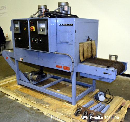 Used Shanklin Dual Zone Shrink Tunnel, Model CT62, Carbon Steel. Tunnel passage 10" high x 18" wide x 61" long. 14" Wide x 100" long wire mesh conveyor, speeds variable from 25 to 150 feet a minute, ...