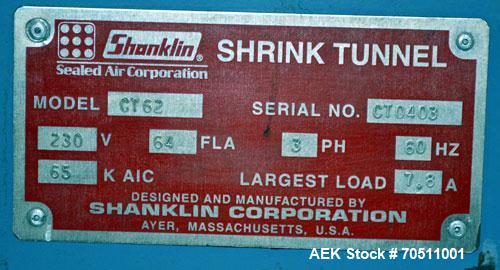 Used Shanklin Dual Zone Shrink Tunnel, Model CT62, Carbon Steel. Tunnel passage 10" high x 18" wide x 61" long. 14" Wide x 100" long wire mesh conveyor, speeds variable from 25 to 150 feet a minute, ...