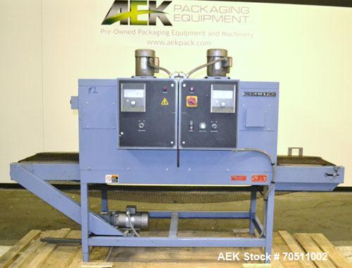 Used Shanklin Dual Zone Shrink Tunnel, Model CT62, Carbon Steel.  Tunnel passage 10" high x 18" wide x 61" long. 14" Wide x 100" long wire mesh conveyor, speeds variable from 25 to 150 feet a minute,...