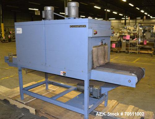 Used Shanklin Dual Zone Shrink Tunnel, Model CT62, Carbon Steel.  Tunnel passage 10" high x 18" wide x 61" long. 14" Wide x 100" long wire mesh conveyor, speeds variable from 25 to 150 feet a minute,...