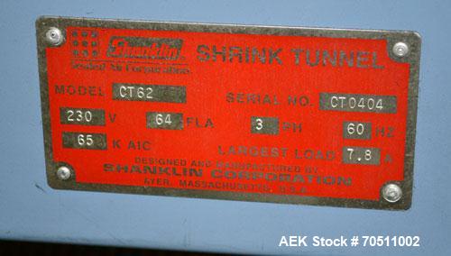 Used Shanklin Dual Zone Shrink Tunnel, Model CT62, Carbon Steel.  Tunnel passage 10" high x 18" wide x 61" long. 14" Wide x 100" long wire mesh conveyor, speeds variable from 25 to 150 feet a minute,...
