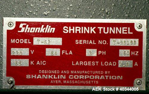 Used Shanklin Dual Chamber Heat Shrink Tunnel, Model  T-62, Carbon steel. Dual chamber high speed unit capable of speeds from 25 to 150 FPM. Chamber size 10" high x 18" wide x 61" long. Mesh chain co...