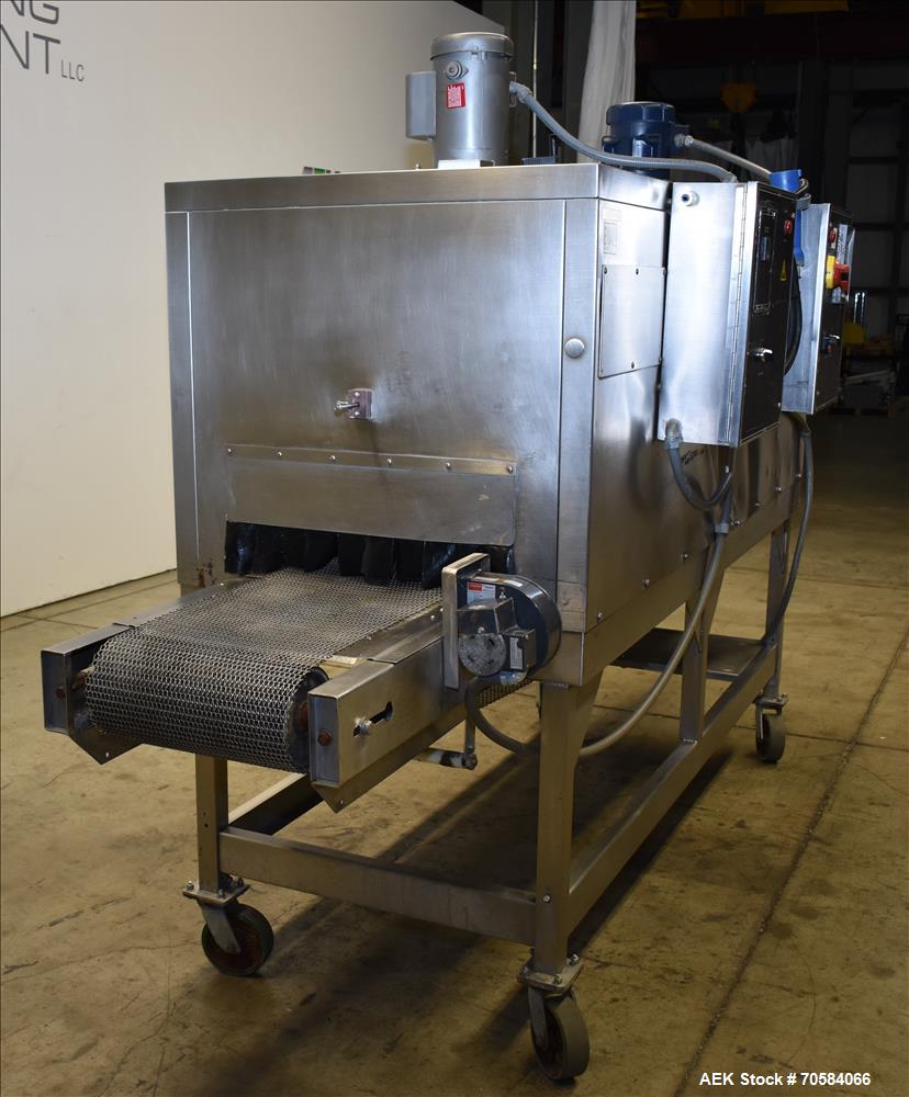 Used Shanklin Model T-72SS Dual Chamber Stainless Steel Shrink Tunnel. Machine is capable of speeds from 25 to 150 linear feet per minute. Unit has tunnel passage dimensions measuring 84" (long) by 2...