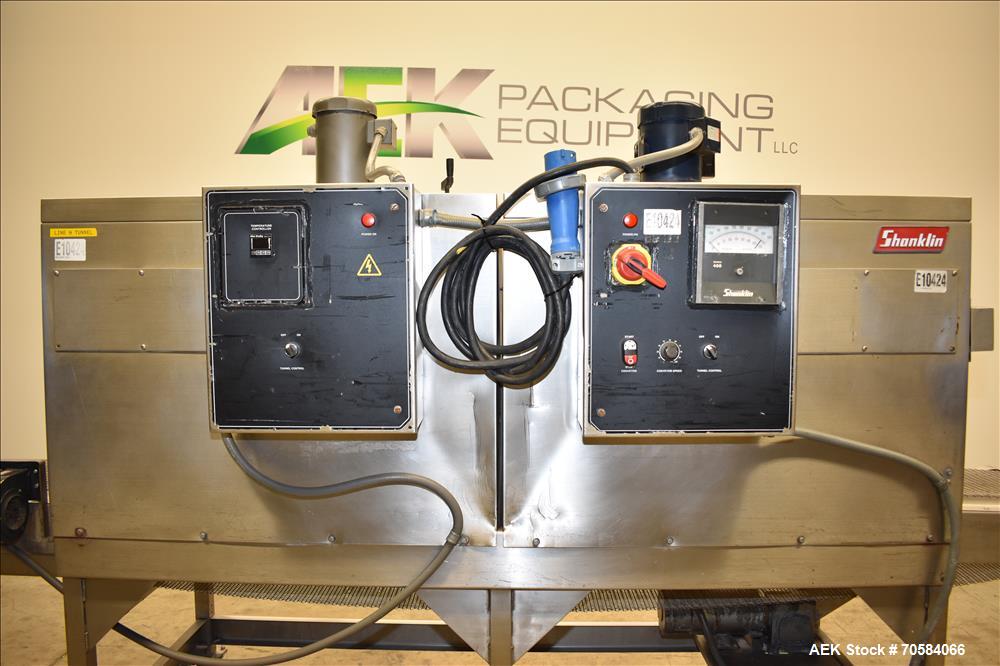 Used Shanklin Model T-72SS Dual Chamber Stainless Steel Shrink Tunnel. Machine is capable of speeds from 25 to 150 linear feet per minute. Unit has tunnel passage dimensions measuring 84" (long) by 2...