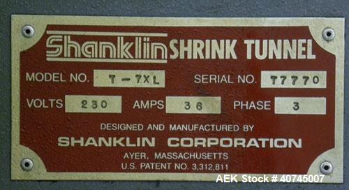 Used Shanklin Shrink Tunnel, Model T-7XL. Machine is of carbon steel construction. Tunnel passage 4’’ to 8" adjustable height x 22" wide x 42" long. 15" wide x 58" long variable speed wire mesh conve...
