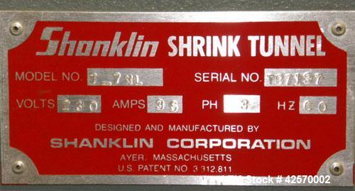 Used Shanklin Shrink Tunnel Model T-7XL. Machine is of carbon steel construction. Tunnel passage 8" high x 22" wide x 42" long. 15" Wide x 52" long wire mesh conveyor, 15 to 120 feet per minute. Driv...