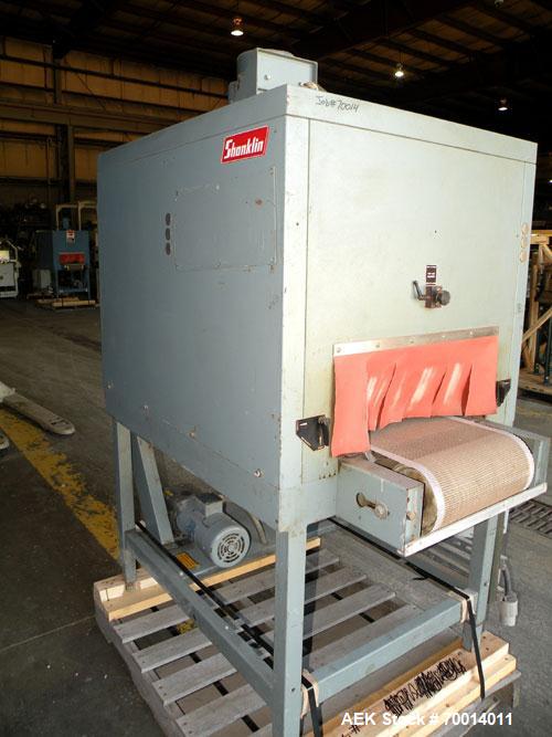 Used Shanklin Shrink Tunnel, Model T-7XL, Carbon Steel. Tunnel passage 4’’ to 8" adjustable height x 22" wide x 42" long. 15" wide x 58" long variable speed mesh conveyor, 15 to 120 feet per minute, ...