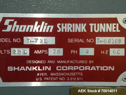 Used Shanklin Shrink Tunnel, Model T-7XL, Carbon Steel. Tunnel passage 4’’ to 8" adjustable height x 22" wide x 42" long. 15" wide x 58" long variable speed mesh conveyor, 15 to 120 feet per minute, ...