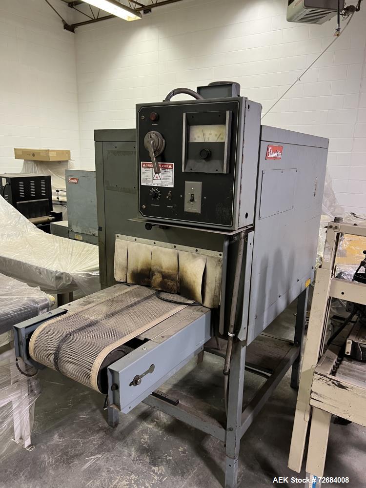 Used Shanklin T-7XL Shrink Tunnel. Serial# T-8953. Belt 14" wide x 74" long, speed approximate variable 15 feet/minute to 120 feet/minute, temperature range approximate 50 - 500 degrees F. 230V, 1 ph...