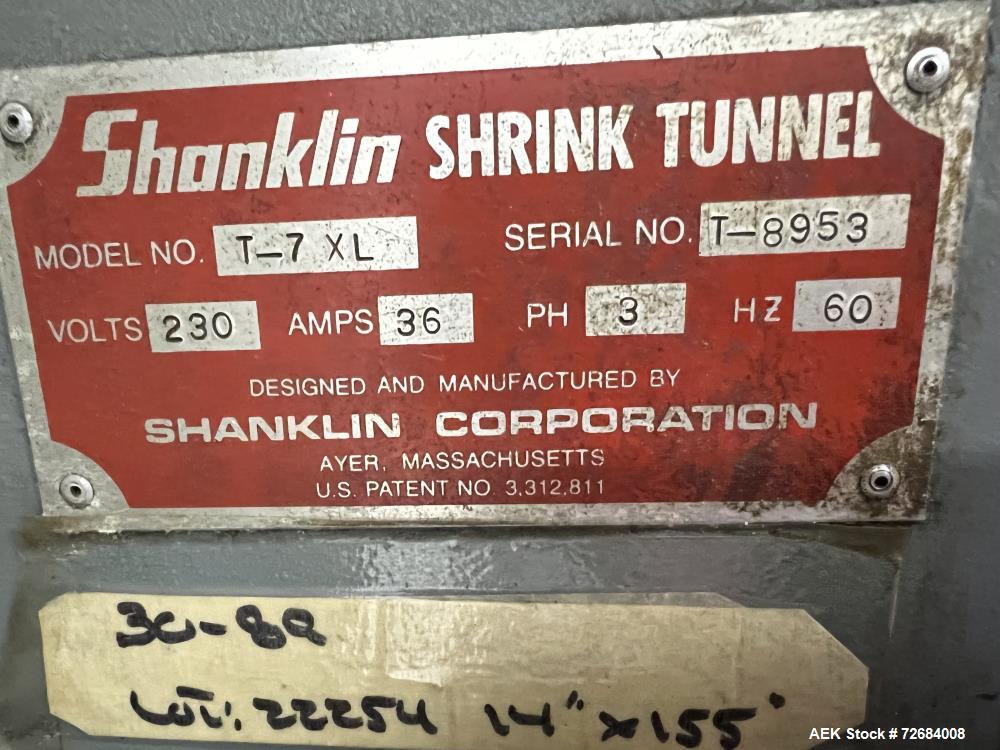 Used-Shanklin T-7XL Shrink Tunnel. Serial# T-8953. Belt 14" wide x 74" long, speed approximate variable 15 feet/minute to 12...