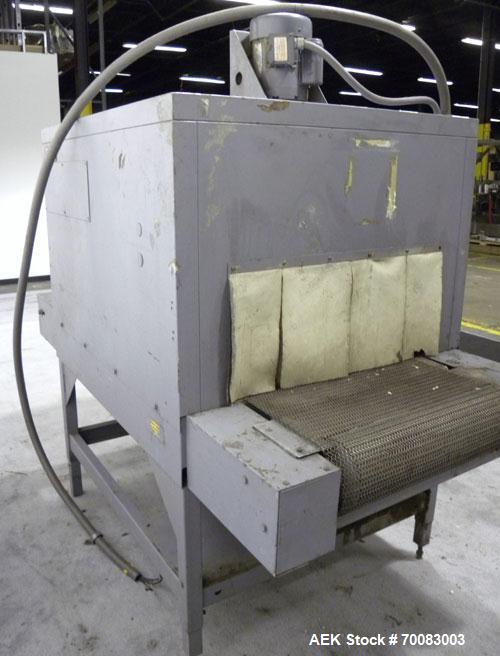 Used Shanklin High Capacity Shrink bundler Tunnel, Model T-8, Carbon Steel. Tunnel passage 12" high x 28" wide. Wire mesh belt 24'' wide x 76'' long, 0 to 74 feet per minute, driven by a 1/2 hp, 180 ...