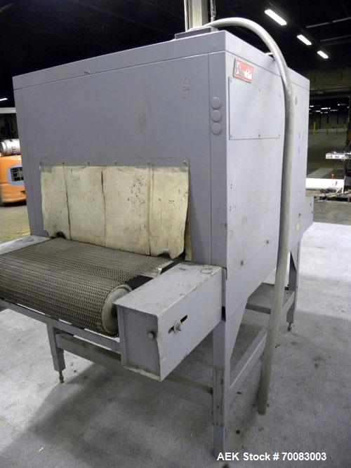 Used Shanklin High Capacity Shrink bundler Tunnel, Model T-8, Carbon Steel. Tunnel passage 12" high x 28" wide. Wire mesh belt 24'' wide x 76'' long, 0 to 74 feet per minute, driven by a 1/2 hp, 180 ...