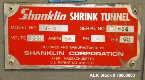Used Shanklin High Capacity Shrink bundler Tunnel, Model T-8, Carbon Steel. Tunnel passage 12" high x 28" wide. Wire mesh belt 24'' wide x 76'' long, 0 to 74 feet per minute, driven by a 1/2 hp, 180 ...
