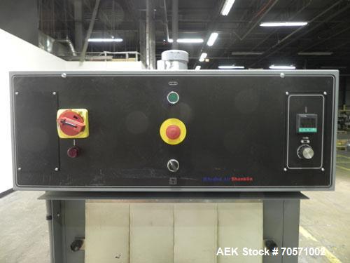 Used Shanklin T71 High Speed Shrink Tunnel. Single chamber high speed unit capable of speeds from 25 to 150 FPM. Chamber size 10" high x 22" wide x 60" long. Mesh chain conveyor is 116" long and adju...