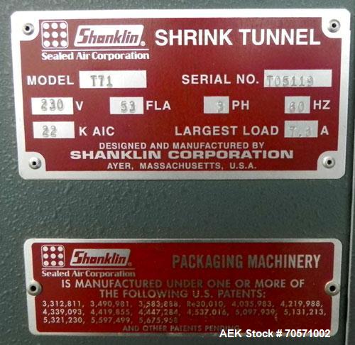 Used Shanklin T71 High Speed Shrink Tunnel. Single chamber high speed unit capable of speeds from 25 to 150 FPM. Chamber size 10" high x 22" wide x 60" long. Mesh chain conveyor is 116" long and adju...