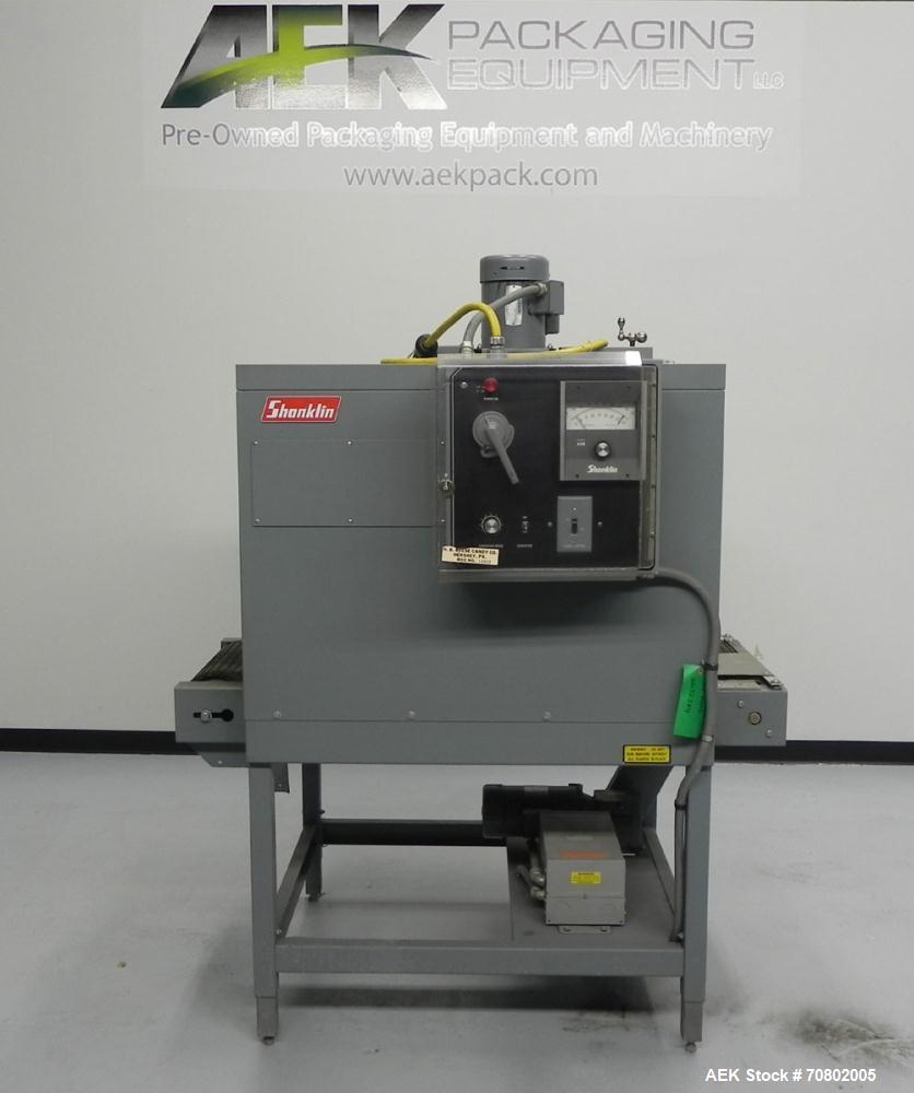 Used Shanklin Model T-7XL Single Zone Heat Shrink Tunnel. Tunnel conveyor is rated at speeds from 15 to 120 ft per minute. Has temperature controls from 50 to 500 deg. F. Has a 4-8" high (adjustable)...