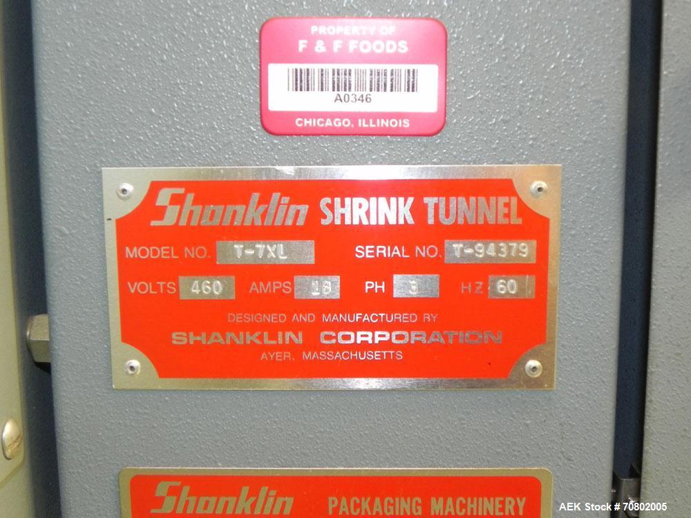 Used Shanklin Model T-7XL Single Zone Heat Shrink Tunnel. Tunnel conveyor is rated at speeds from 15 to 120 ft per minute. Has temperature controls from 50 to 500 deg. F. Has a 4-8" high (adjustable)...