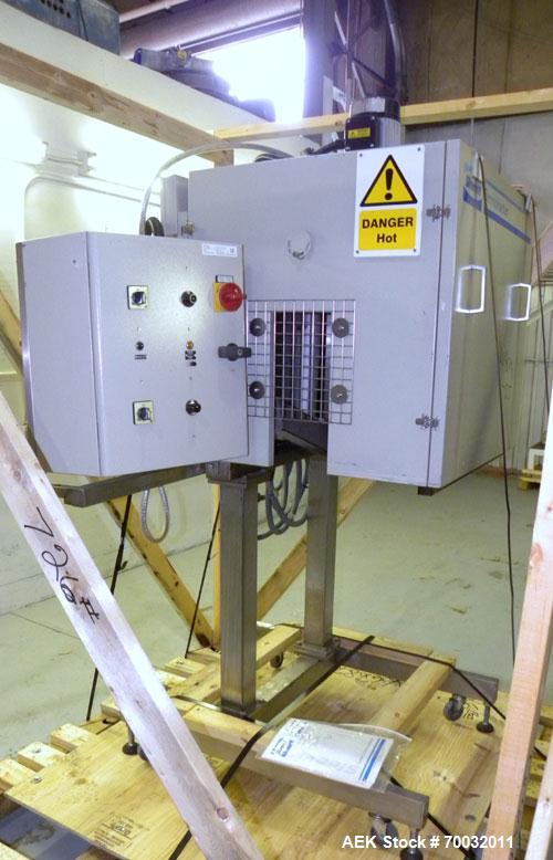 Used Sleevit Model 750 Shrink Tunnel. (4) Nozzles and 2 temperature zones. Tunnel 3/50/415 18A.Tunnel opening is 15" High x 6" Wide,with an adjustable gate now reducing opening to 5" high. The intern...